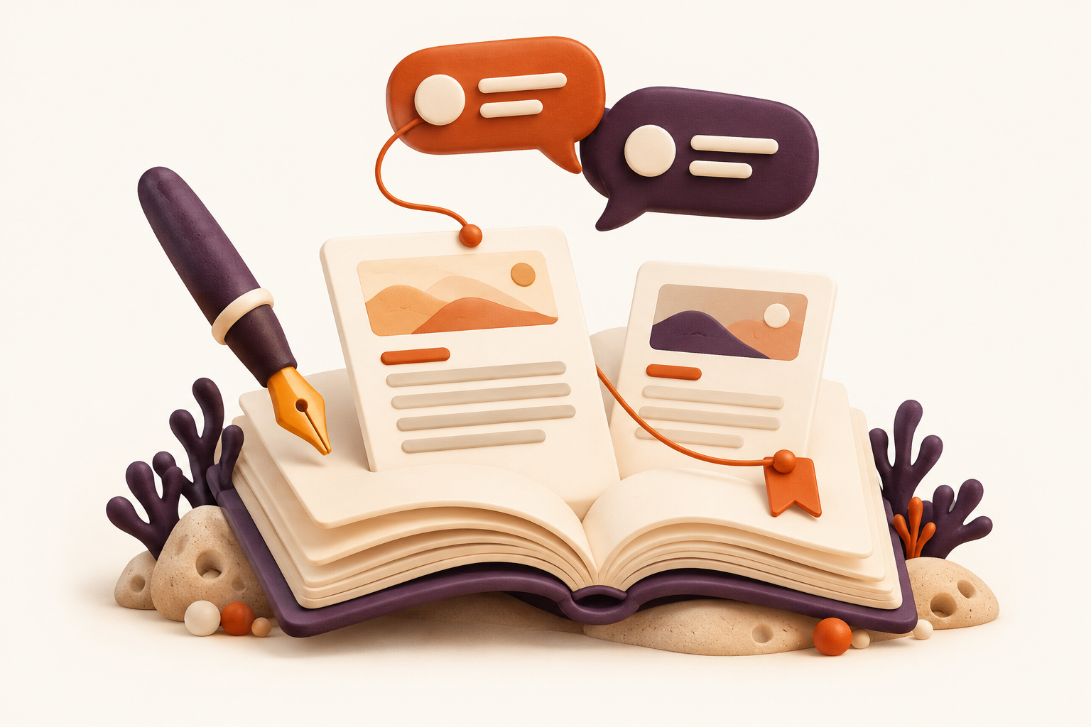 Article pages, a pen and answer bubbles rising from an open book