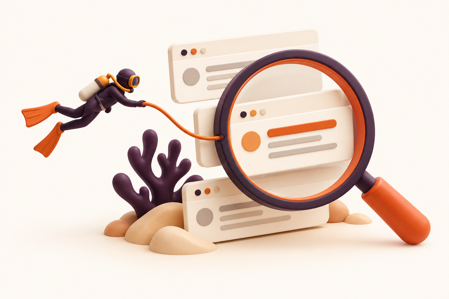 A diver explores search result cards through a magnifying glass
